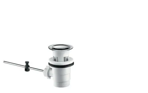 Hansgrohe Ablaufventil in weißer Ausführung mit verchromtem Deckel und seitlichem Betätigungshebel. Ideal für Waschbecken und Spülen.